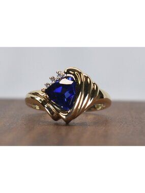 Vintage Estate 10k Gold Trillion Cut Sapphire & Diamond Accent Bypass Ring